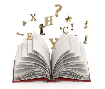 Open book with letters isolated on white background. 3D illustration Stock Illustration