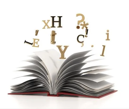 Open book with letters isolated on white background. 3D illustration Stock Illustration