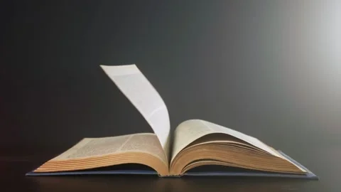An open book lies on the table, the wind turns the pages in the book Stock Footage 264875222