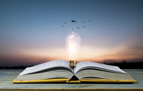Open book with light bulb on table and bird flying on sky, knowledge and wi.. Fotos de archivo