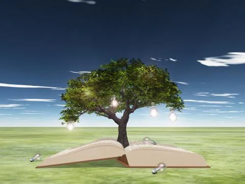 Open book with light bulb tree Illustration