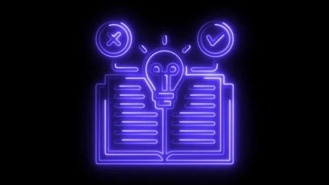 Open book with lightbulb correct and incorrect neon sign glows Stock Footage 308190576