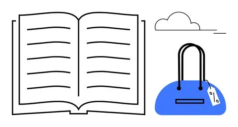 Open book with lines on pages, a blue handbag with a tag, and a cloud in the  Stock Illustration