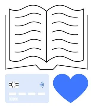 Open book with lines symbolizing knowledge, blue heart for emotion, credit ca Stock Illustration