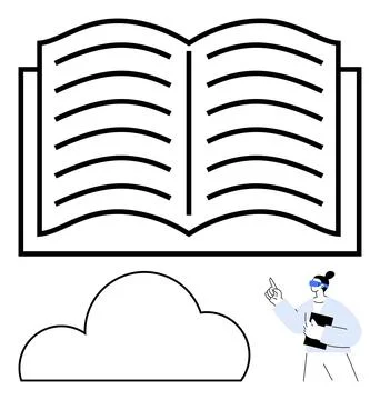 Open book with lines symbolizing text, a cloud icon below, and a woman holdin Illustrazione stock