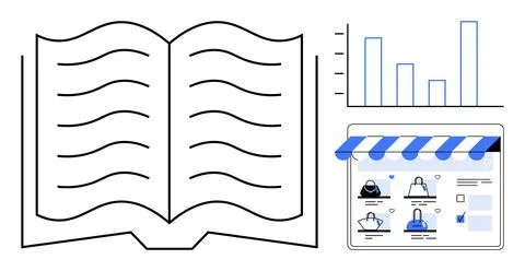 Open book with lines, vertical bar chart, and e-commerce storefront. Ideal fo Stock Illustration