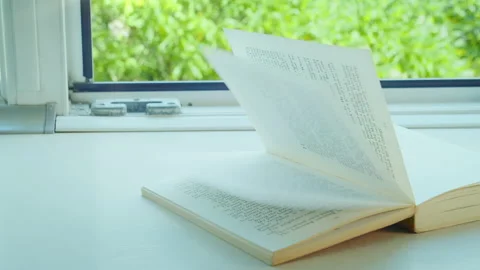 Open book lying on a window sill, wind ruffling the pages, sunny day, camera Stock Footage 195009645