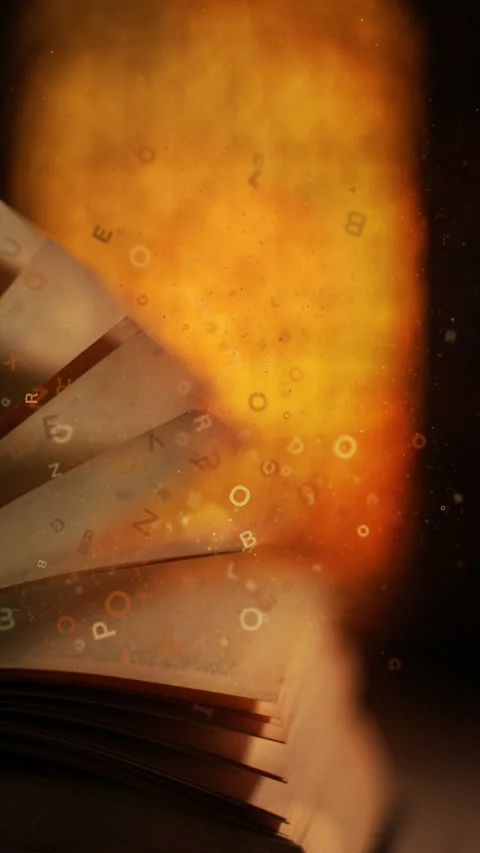 Open book with magic light and glowing letters flying out of on wooden table Stock Footage 313243552