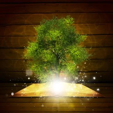 Open book with magical green tree and rays of light イラスト素材