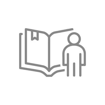 Open book with man line icon. Reading book, online course, library symbol Stock Illustration