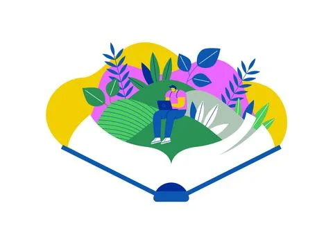 Open book man writing computer study concept Stock Illustration