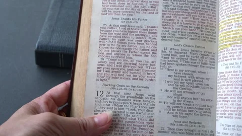 Open to the book of Matthew chapter 11. New testament, Holy Bible. Video stock 334158651