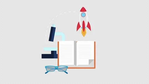 Open Book with Microscope Glasses and Rocket Illustrating Science Education and Stock Footage 339781116