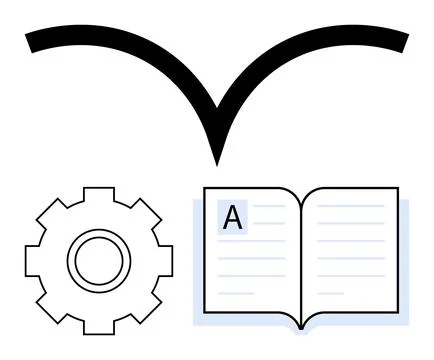 Open book next to gear icon, topped by a curved line. Ideal for learning, edu Illustrazione stock