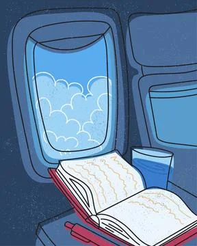 Open book, notebook, and glass of water beside airplane window Stock Illustration