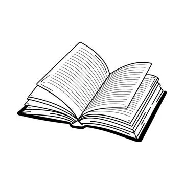 Open book outline. Realistic simple hand drawn style, pages with text Stock Illustration