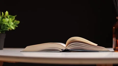 Open book with pages gently turning on a white table with a plant and diffuser Stock Footage 339211957