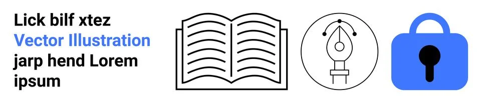 Open book, pen tool within a circle, and blue padlock icon representing digit Stock Illustration