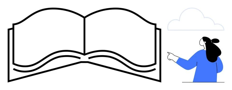 Open Book with Person Pointing at Cloud in Minimalist Vector Art Style Illustrazione stock