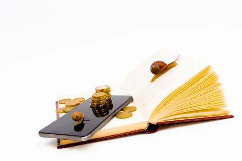 Open book with phone and stack coins and snail Stock Photos