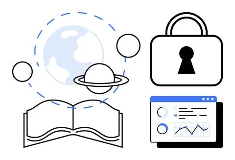 Open book, planet with orbit, lock with keyhole, and data chart on screen. Id Stock Illustration