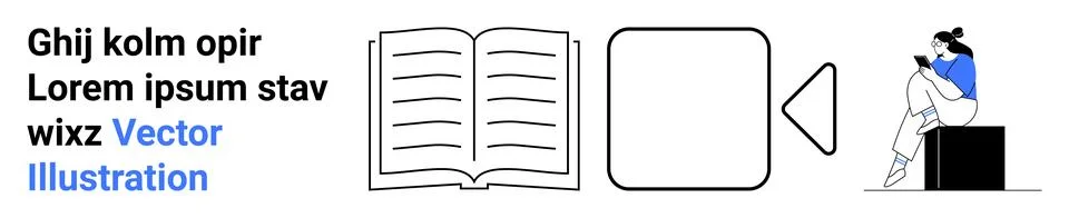 Open book, play button, and person reading on a box under placeholder text Stock Illustration