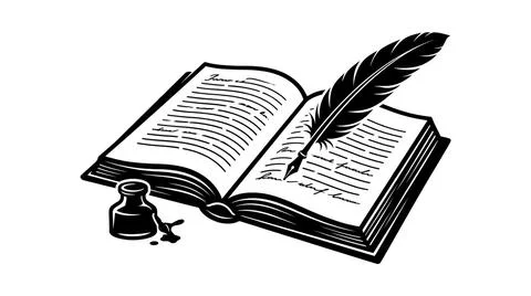 Open Book with Quill Pen and Inkwell Stock Illustration