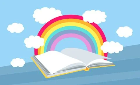 Open book with rainbow clouds library flat vector 스톡 일러스트