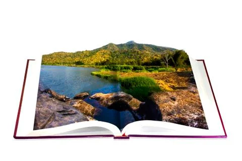 Open book  in the river. mountain and sky Stock Illustration