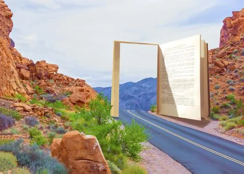 Open book with a road representing knowledge as a journey and the power of .. Stockillustratie
