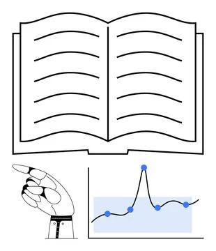 Open book robotic hand pointing and data graph highlight technology and educa 스톡 일러스트