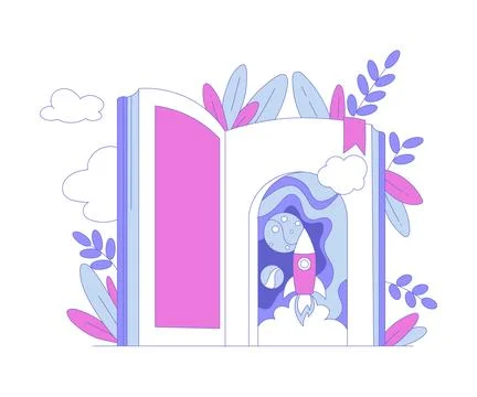 Open Book with Rocket and Foliage Behind Vector Illustration Stock Illustration