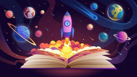 Open book with rocket launch and Solar system planets, flying comet in outer Stock Illustration