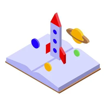 Open book with rocket launching into space with planets around Stock Illustration