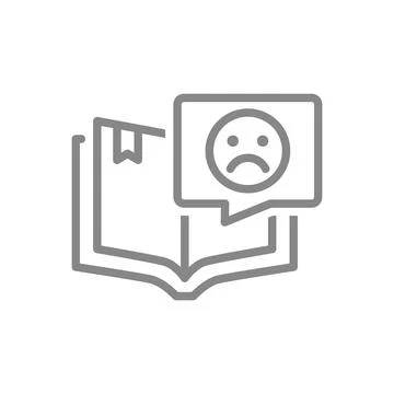 Open book with sad face in speech bubble line icon. Bad literature review Stock Illustration
