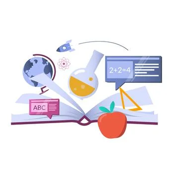 Open book with school and science symbols, vector illustration. Knowledge Stock Illustration