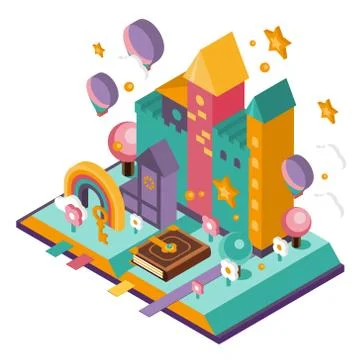 Open Book with set of vector fairy tale elements, icons and illustrations イラスト素材