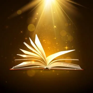 Open book with shining pages in brown colors. Fantasy book with magic light s Stock Illustration