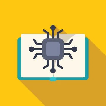 Open book showing microchip and data transmission for machine learning Stock Illustration