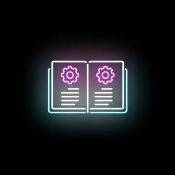 Open book showing neon settings cog icons Stock Illustration