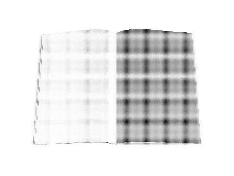 Open book silhouette rendered with halftone dot pattern on white background.. Illustrazione stock