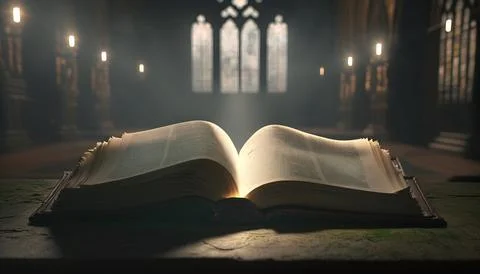 An open book sitting on top of a table in front of a window with candles re.. 스톡 일러스트