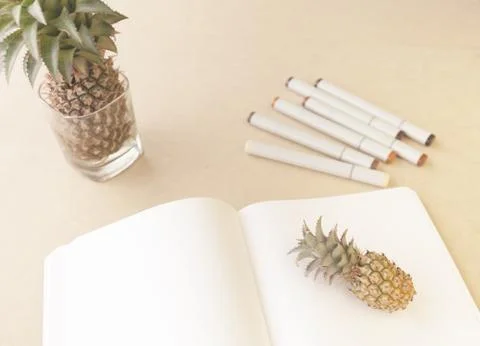 Open book for sketching. A bunch of art markers and a miniature pineapple. On Stock Photos