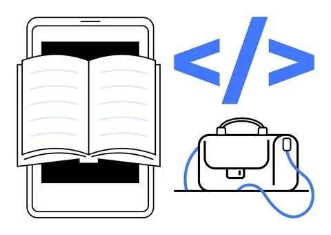 Open book on smartphone screen, coding symbol, and briefcase representing e-l Stock Illustration