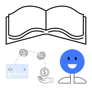 Open book, smiling face, hand with money, and stack of coins - representing.. Stock Illustration