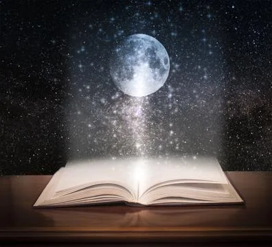 Open book with space and moon. Fairy tale concept. Stock Illustration
