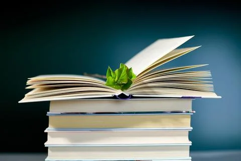 Open book, Stack of books with branch green leaves, World book day Foto stock