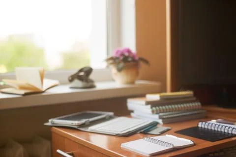 Open book, stack of hardback books on wooden table Stock Photos