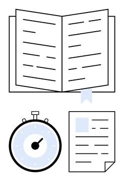 Open Book, Stopwatch, and Document Representing Time Management and Product.. Stock Illustration
