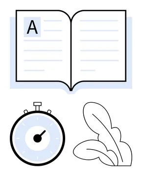 Open Book with Stopwatch and Leaf Elements Representing Study Time, Learnin.. 스톡 일러스트